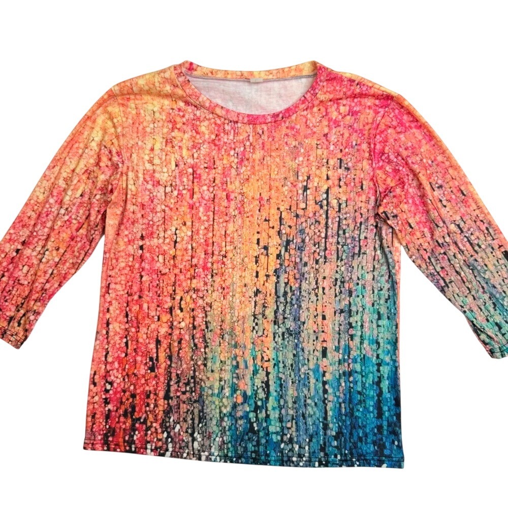 Womens Abstract Rainbow Digital Print Long Sleeve Crew Neck Top Multicolor L‎